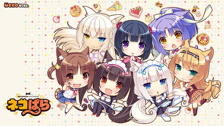 Maple (Neko Para), anime girls, Neko Works, animal ears, long hair, Chocolat (Neko Para), tail, Vanilla (Neko Para), Neko Para, HD wallpaper