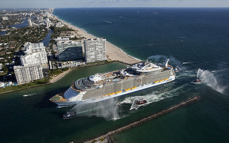 cruise ship, Port Everglades, Allure of the Seas, cityscape, aerial view, vehicle, ship, sea, M/S Harmony of the Seas, HD wallpaper