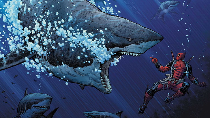 Deadpool илюстрация, Deadpool, акула, Marvel Comics, животни, фентъзи изкуство, мехурчета, герой, HD тапет