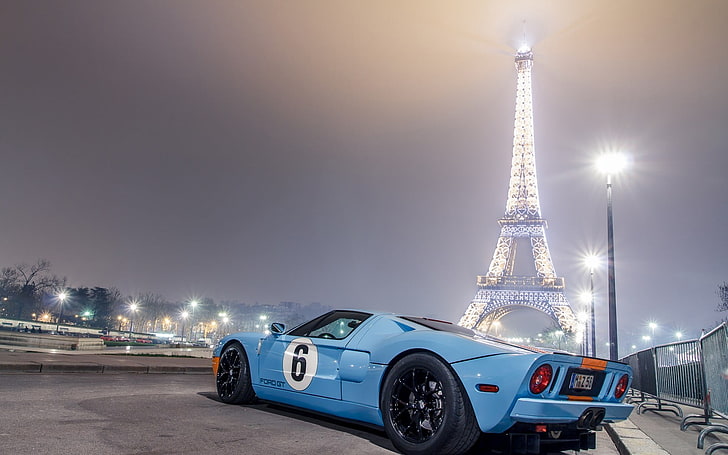 blue racing car, Ford GT, car, Eiffel Tower, Paris, blue cars, HD wallpaper