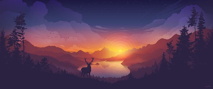 paysage, vallée, lac, forêt, paysage coloré, coucher de soleil, wapiti, cerf, Fond d'écran HD HD wallpaper