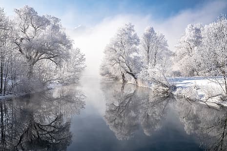 Winter, Bäume, Reflexion, Fluss, Deutschland, Bayern, Bayern, Fluss Loisach, The River Loisach, HD-Hintergrundbild HD wallpaper