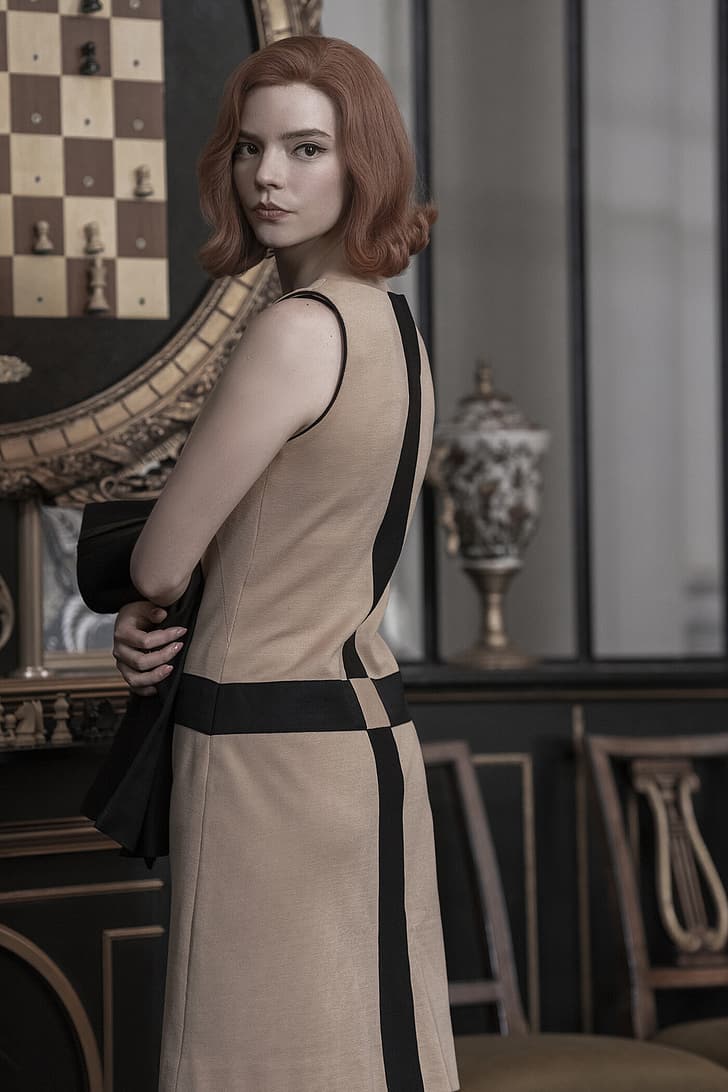 Anya Taylor-Joy, chess, looking back, redhead, Netflix TV Series, women, screen shot, TV Series, young woman, standing, celebrity, Beth Harmon, closed mouth, actress, The Queen's Gambit, HD wallpaper