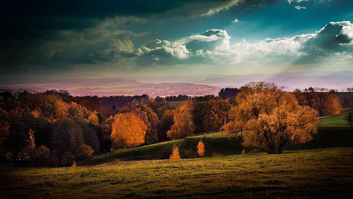 Autumn Landscape HD, autumn, brown, city, clouds, green, landscape, pink, sun, trees, HD wallpaper