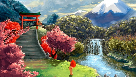 japanese, garden, japanese garden, japan, blossom, sky, spring, water resources, tree, nature, landscape, mountain, watercolor paint, painting art, mount scenery, waterfall, painting, water, HD wallpaper HD wallpaper