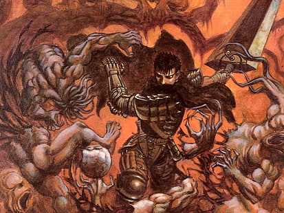 człowiek z mieczem ilustracja, Kentaro Miura, Berserk, Wnętrzności, wojownik, sztuka fantasy, Tapety HD HD wallpaper
