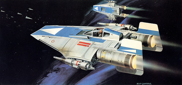 white and blue spaceship, Star Wars, artwork, A-Wing, science fiction, Ralph McQuarrie, HD wallpaper