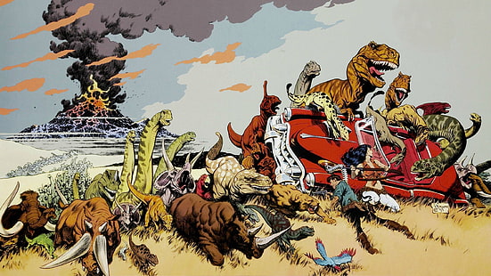 dinosaur digital wallpaper, dinosaurs, car, Cadillacs and Dinosaurs, HD wallpaper HD wallpaper