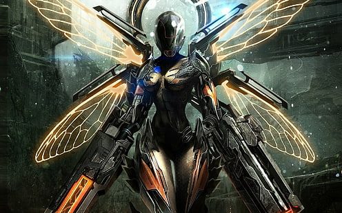 armadura, cyborg, hada, fantasía, niña, pistola, robot, ciencia ficción, arma, Fondo de pantalla HD HD wallpaper