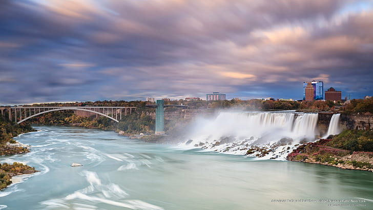 American Falls i Rainbow Bridge, Niagara Falls, Nowy Jork, wodospady, Tapety HD