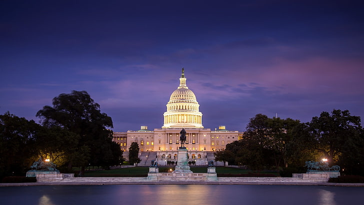 white house during night time, architecture, building, cityscape, city, clouds, evening, USA, Washington, D.C., capital, water, trees, lights, statue, White House, HD wallpaper