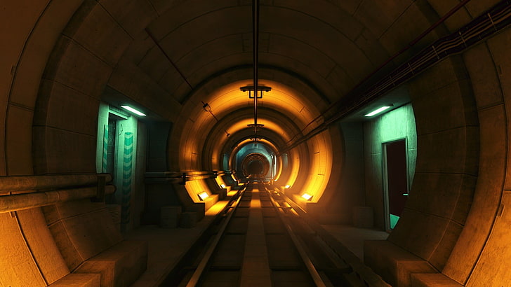 gray concrete train tunnel, Mirror's Edge, screen shot, video games, tunnel, underground, railway, subway, orange, pipes, HD wallpaper
