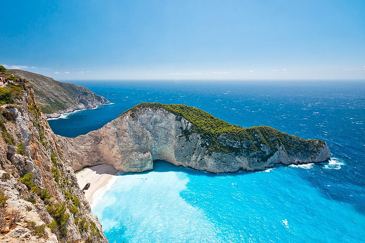 Grèce, falaise, mer, eau claire, Fond d'écran HD