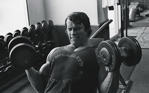 Arnold Schwarzenegger, Arnold Schwarzenegger, bodybuilding, culturista, bilanciere, manubri, palestre, magro, esercizio fisico, Sfondo HD HD wallpaper