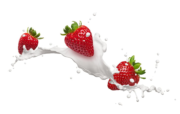drops, squirt, milk, strawberry, berry, white background, red, HD wallpaper