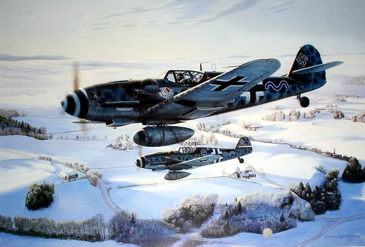 zwei Doppeldecker auf Luftmalerei, Messerschmitt, Messerschmitt Bf-109, Zweiter Weltkrieg, Deutschland, Militär, Flugzeuge, Militärflugzeuge, Luftwaffe, Flugzeug, HD-Hintergrundbild