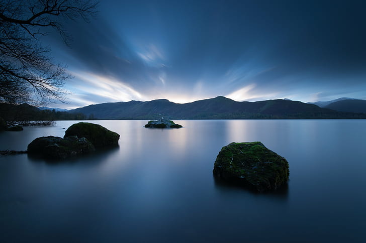 body of water under gray sky, derwent water, derwent water, Derwent Water, Water  body, body of water, clouds, countryside, cumbria, landscape, lee filters, big, stopper, long exposure, lake district, wide angle lens, Keswick, lake, nature, reflection, mountain, water, sky, scenics, outdoors, tranquil Scene, blue, HD wallpaper