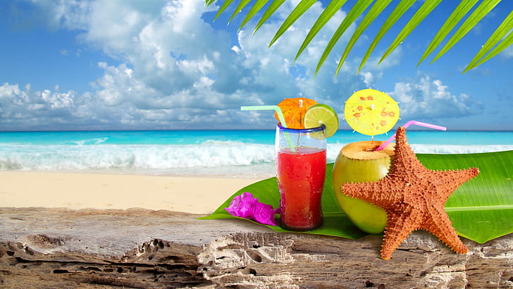 Tropicale, mare, stelle marine, spiaggia, limone, cielo, estate, foglie, bevande succo di frutta, paesaggio ,, chiaro bicchiere, tropicale, mare, stelle marine, spiaggia, limone, cielo, estate, foglie, bevande succo di frutta, paesaggio, Sfondo HD