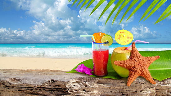 熱帯、海、ヒトデ、ビーチ、レモン、空、夏、葉、フルーツジュースの飲み物、風景、透明なコップ、熱帯、海、ヒトデ、ビーチ、レモン、空、夏、葉、フルーツジュースの飲み物、風景、 HDデスクトップの壁紙 HD wallpaper
