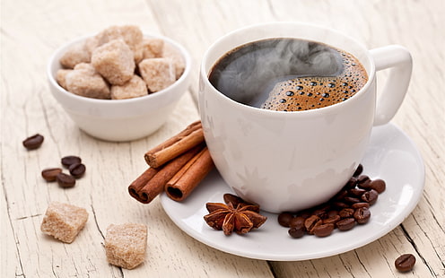 Cup, coffee, cinnamon, sugar, Cup, Coffee, Cinnamon, Sugar, HD wallpaper HD wallpaper