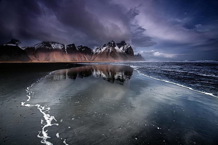 beach, mountains, Iceland, black sand, HD wallpaper
