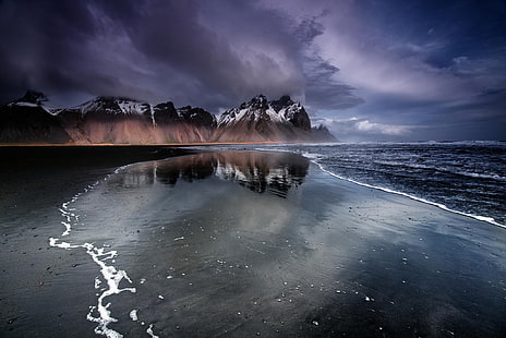 plaj, dağlar, İzlanda, siyah kum, HD masaüstü duvar kağıdı HD wallpaper