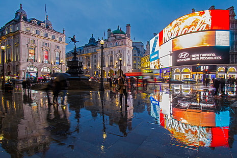 reflektion, England, London, Piccadilly cirkus, fontän Shaftesbury, SOHO, HD tapet HD wallpaper