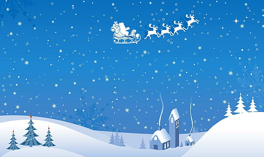 Санта-Клаус, сани, олени, полет, ночь, дома, Рождество, снежинки, Санта-Клаус, сани, олени, полет, ночь, дома, Рождество, снежинки, HD обои HD wallpaper
