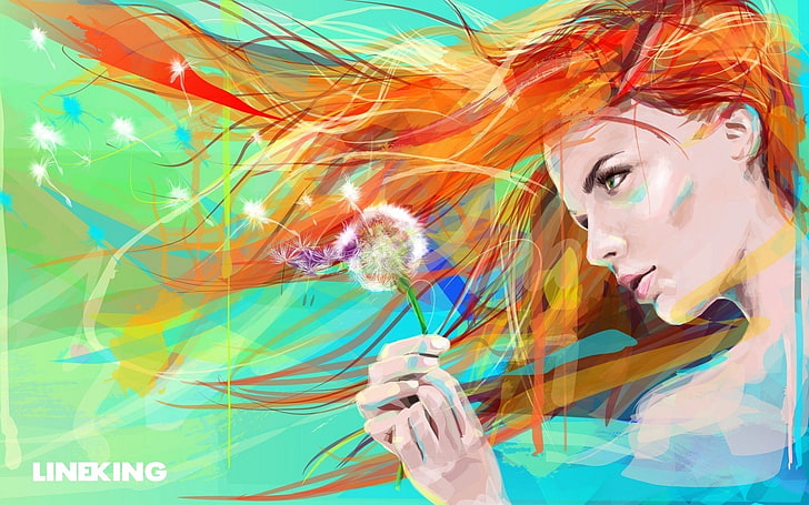abstract, dandelion, drawing, face, redhead, HD wallpaper