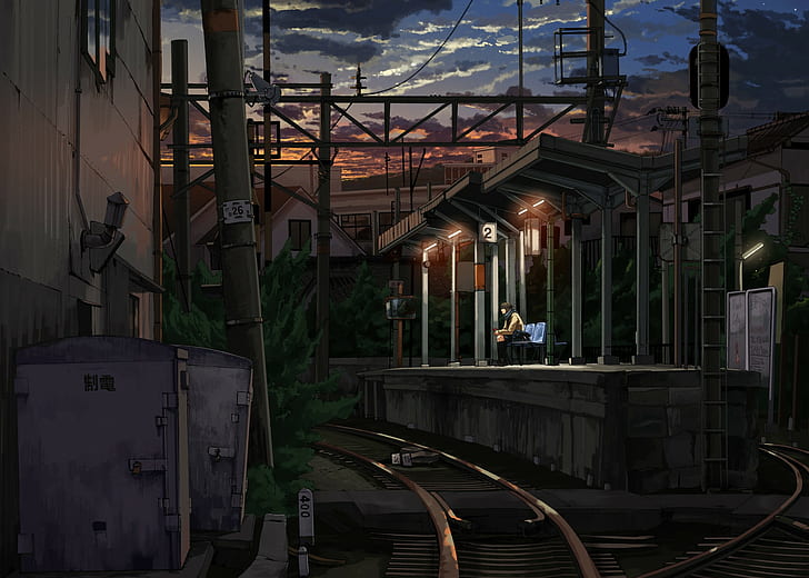 anime girls, stacja kolejowa, noc, Tapety HD