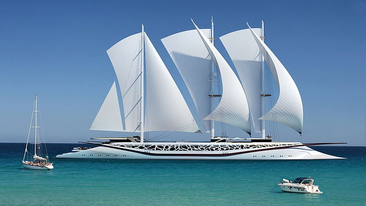 biało-czarny statek wycieczkowy, jachty, natura, morze, statek, żaglowiec, jacht, horyzont, nowoczesne, niebo, pojazd, Tapety HD