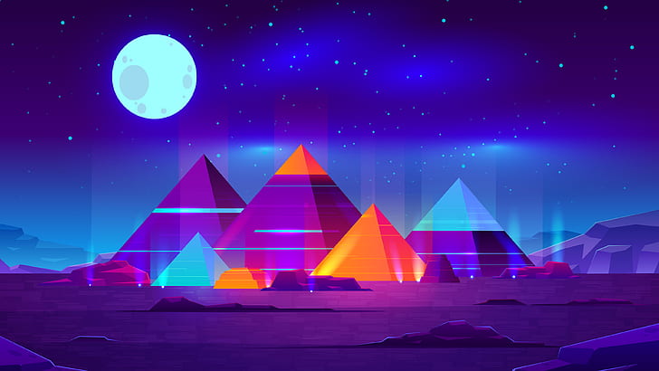 pyramid, Moon, neon, digital art, stars, planet, night, starry night, 3D, HD wallpaper