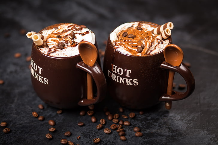 two brown ceramic mugs, food, Hot Cocoa, cup, spoon, Cream, coffee beans, HD wallpaper