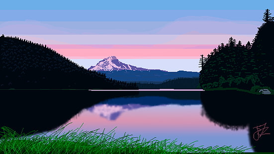 природа, пейзаж, пикселно изкуство, пикселиран, пиксели, планини, Wavestormed, дървета, снежен връх, гора, езеро, трева, хълм, отражение, борови дървета, залез, ясно небе, HD тапет HD wallpaper
