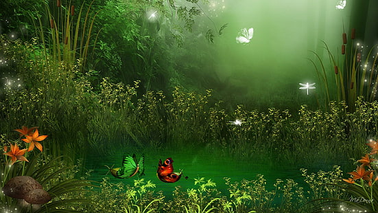 Schmetterlingsboote, Firefox-Person, Libellen, magisch, Gras, Schmetterling, Grün, Lilien, Bäume, Licht, Schmetterlinge, 3d, HD-Hintergrundbild HD wallpaper