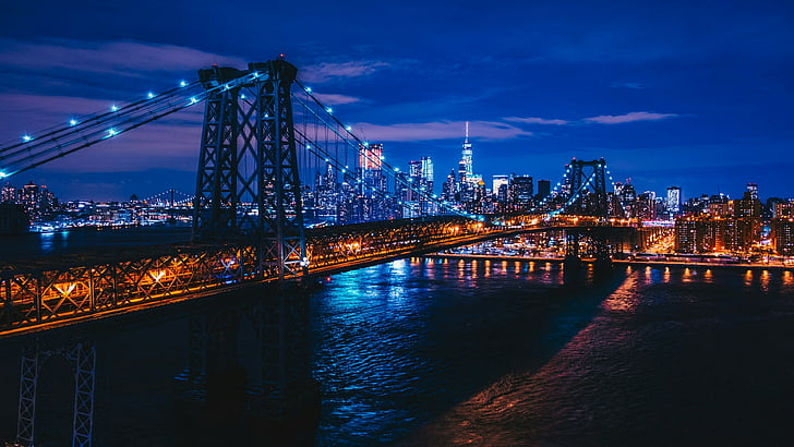ночь, сша, сша, вечер, вода, сумерки, мегаполис, небо, горизонт, мост, нью-йорк, нижний манхэттен, город, манхэттен, нью-йорк, нью-йорк, уильямсбургский мост, городской пейзаж, HD обои