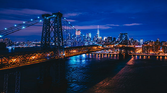 malam, amerika serikat, malam, air, senja, metropolis, langit, kaki langit, jembatan, kota new york, manhattan rendah, kota, manhattan, nyc, new york, jembatan williamsburg, cityscape, Wallpaper HD HD wallpaper