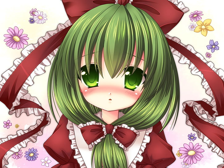 green haired female illustration, kanai amachi, kagiyama hina, female, bangs, bow, sadness, close-up, HD wallpaper