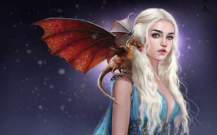 Game Of Thrones - Emilia Clarke Anime Art, white haired woman with dragon on shoulder illustration, game, thrones, emilia clarke, anime, HD wallpaper