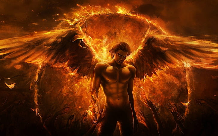 angel, fire, wings, HD wallpaper