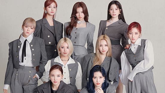 группа женщин, женщины, азиатка, длинные волосы, крашеные волосы, Twice, модель, певица, K-pop, серая одежда, простой фон, HD обои HD wallpaper