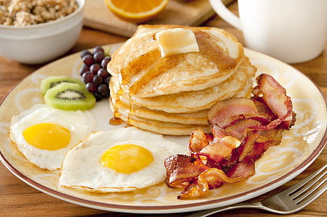 pancakes, egg, and bacons, Breakfast, fruit, scrambled eggs, pancakes, HD wallpaper HD wallpaper
