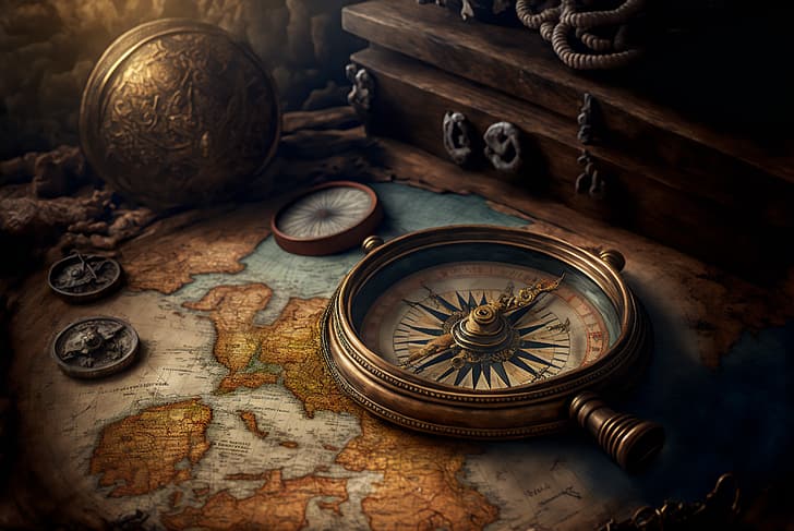 KI-Kunst, Karte, Kompass, Piraten, HD-Hintergrundbild