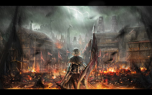 судьба великий орден, поле битвы, произведение искусства, дождь, огонь, аниме, HD обои HD wallpaper