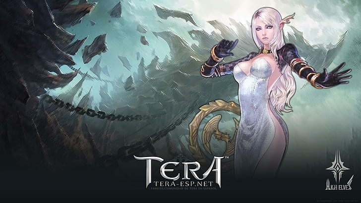 Tera, Tera-Spiel, Tera, Videospiele, weiße Haare, Spiele, blaue Augen, Ketten, Hörner, weiblich, HD-Hintergrundbild