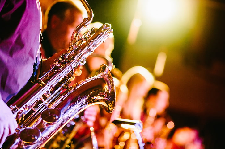 Messing Saxophon, Saxophon, Musikinstrument, Unschärfe, HD-Hintergrundbild