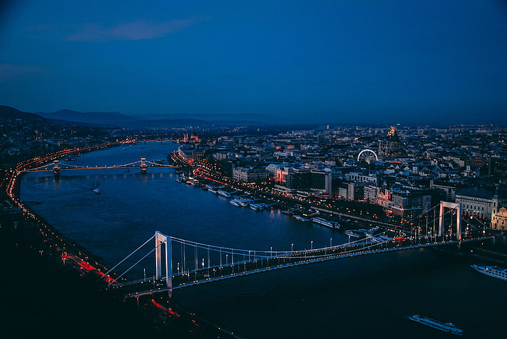 vit betongbro, stad, flod, bro, Ungern, Budapest, ljus, Chain Bridge, Donau, HD tapet