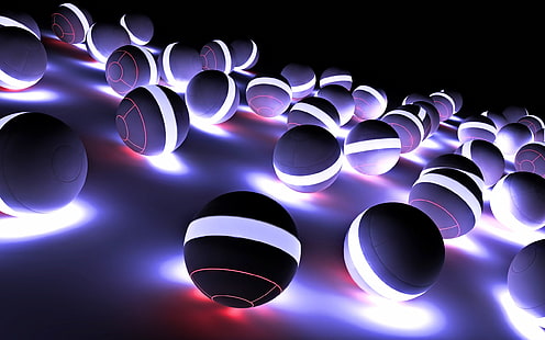 3D Neon Ball, черный светодиодный шар, 3D, белые тигры, шар, HD обои HD wallpaper