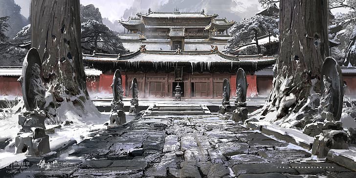 artwork, snow, temple, Chinese architecture, Black Myth: Wukong, HD wallpaper