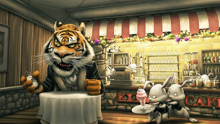 Angry tiger cartoon, Tiger, Hare, Cafes, Food, HD wallpaper